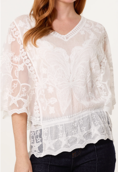 Floral lace butterfly sleeve blouse