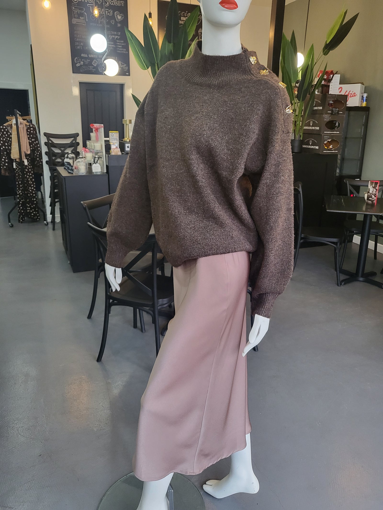 Soft knit shoulder bead roll neck jumper