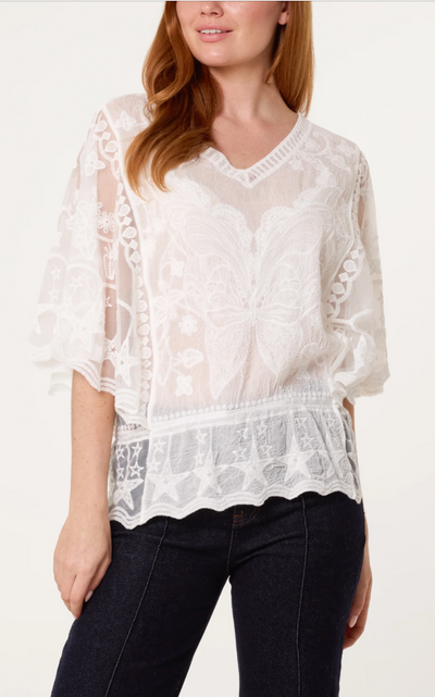 Floral lace butterfly sleeve blouse